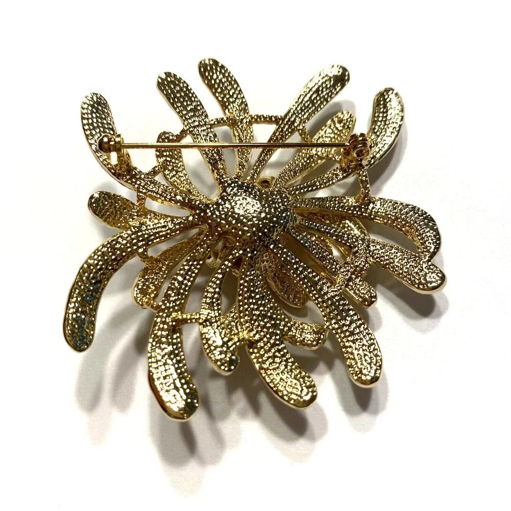 Runway Statement Gold Splash Brooch White Rhinestones & Faux Pearl Bead Mod Art